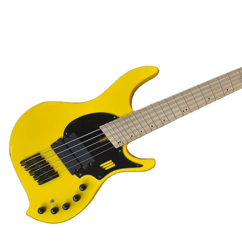 Flyoung Wholesale Yellow 5 Strings Electric Bass Guitar Active Circuit Professional Performance Bass