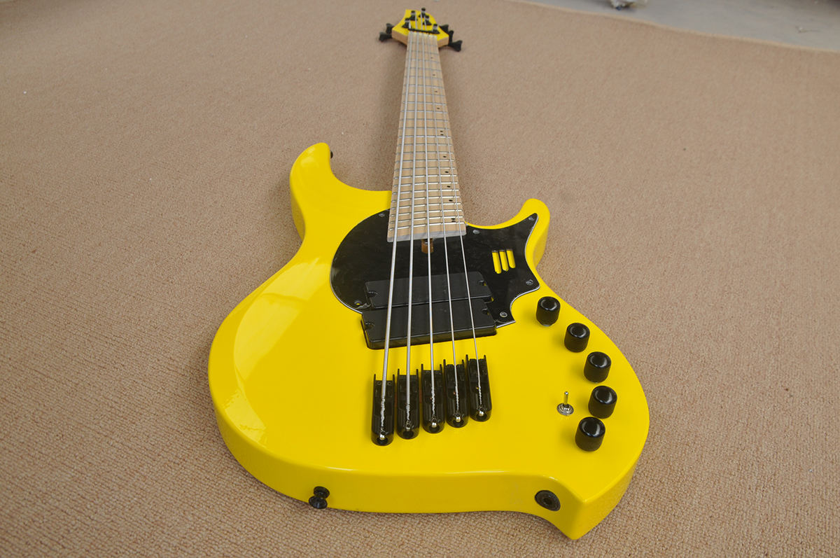 Flyoung Wholesale Yellow 5 Strings Electric Bass Guitar Active Circuit Professional Performance Bass