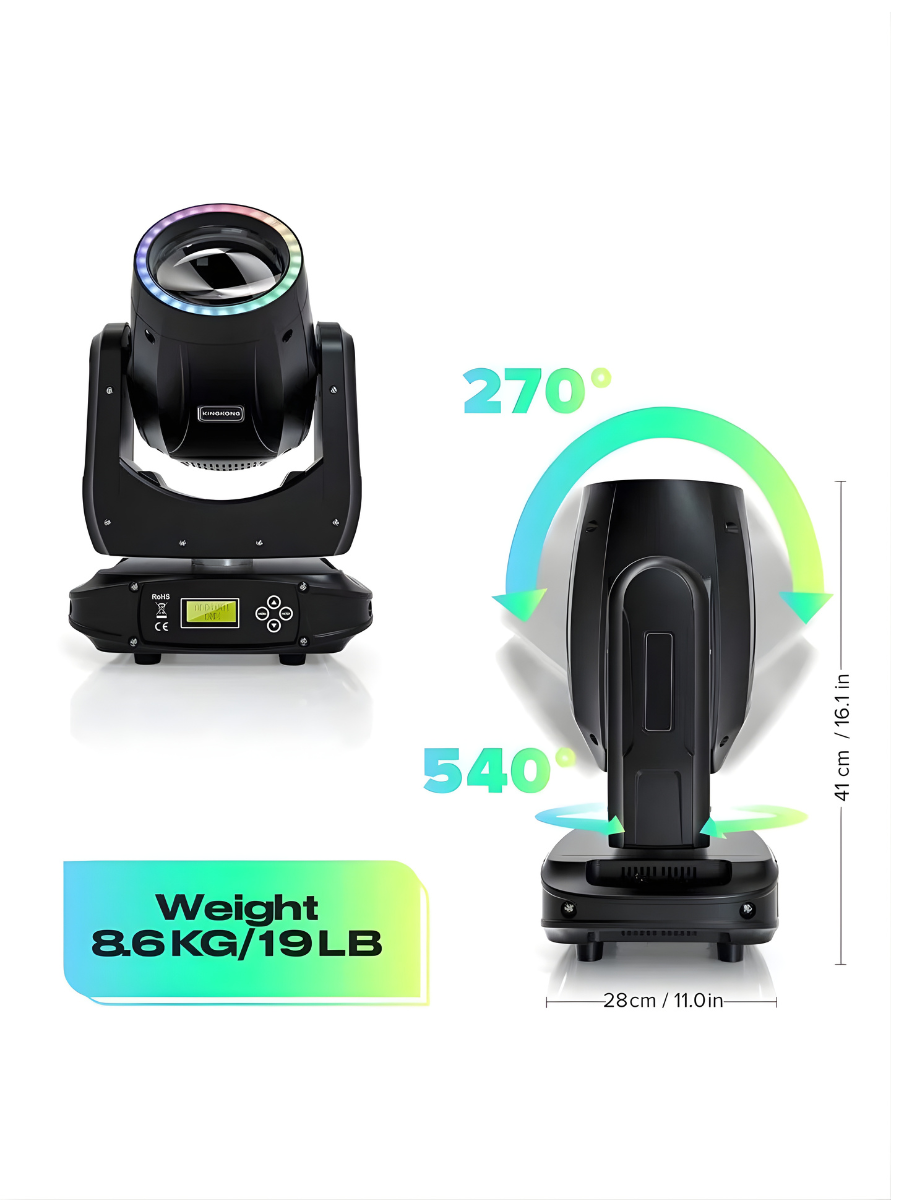 150W Bühnen-Moving-Head-Scheinwerfer, Weißlicht, RGB-LED-Ring, Gobo-Prismen-Effekt