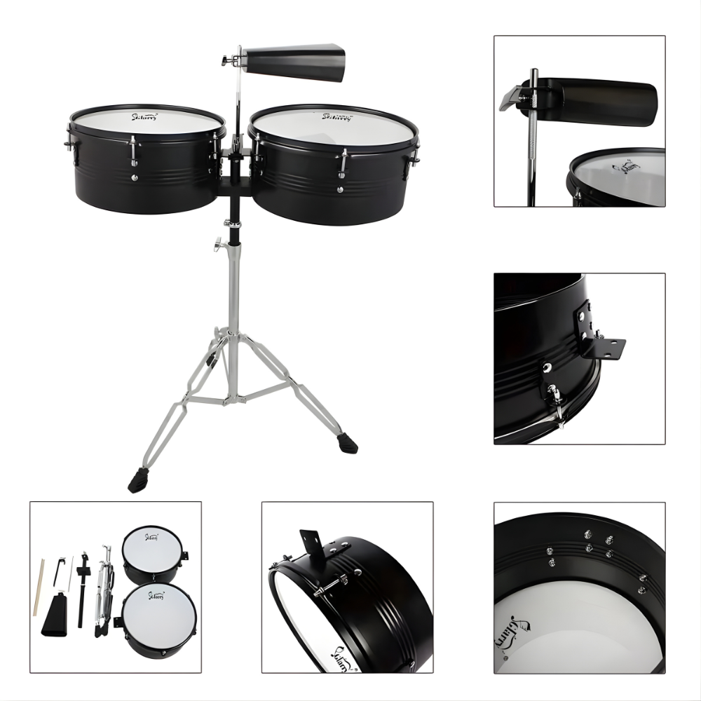 Neues schwarzes 13"-14"-Timbales-Schlagzeug-Set mit Ständer und Kuhglocke 
