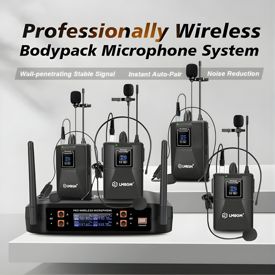 LMBGM Wireless Microphone System Pro 4 Channel 4 Lavalier Bodypacks With 4 Lapel Mic