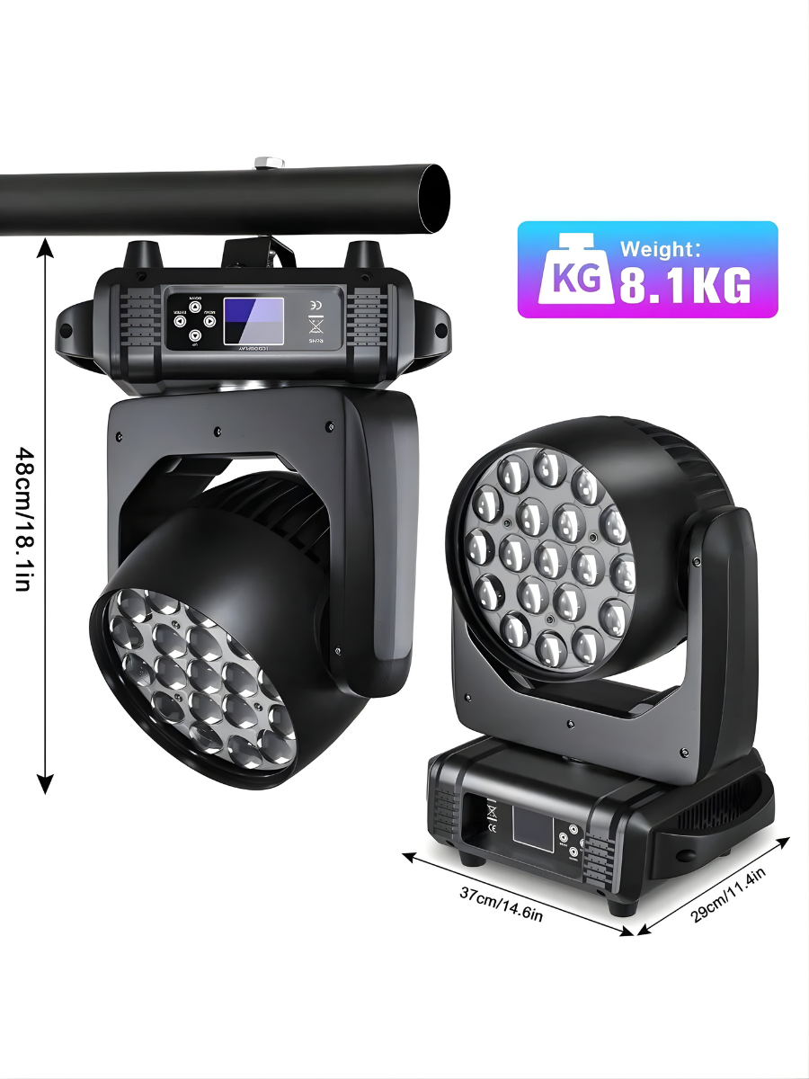 SEBRUANC 200W Moving Head Bühnenscheinwerfer mit 19 RGBW 4-in-1 LEDs, einstellbarem Fokus und DMX512-Soundsteuerung. Ideal für Zuhause, Karneval, Partys, Musikshows, Hochzeiten, Clubs, Bars und Discos.