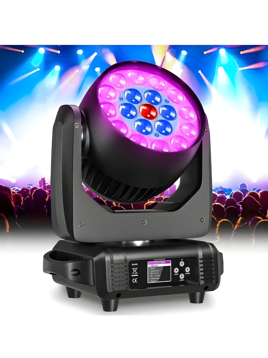SEBRUANC 200W Moving Head Bühnenscheinwerfer mit 19 RGBW 4-in-1 LEDs, einstellbarem Fokus und DMX512-Soundsteuerung. Ideal für Zuhause, Karneval, Partys, Musikshows, Hochzeiten, Clubs, Bars und Discos.